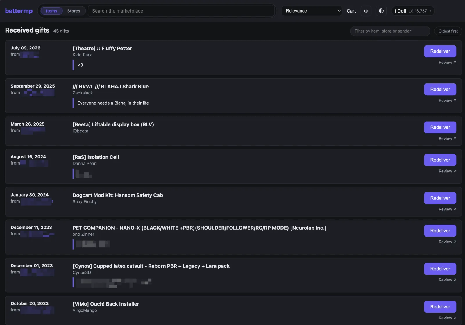Received gifts in bettermp